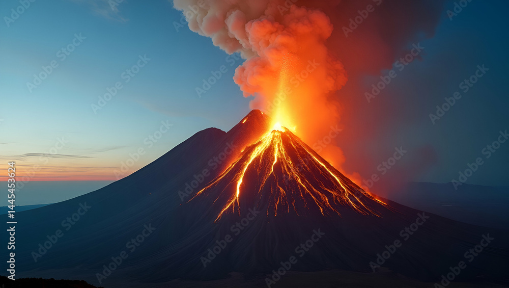 Epic Erupting Volcano Landscape: Fiery Lava and Ash Against Clear Blue Sky - Powerful Earth Forces with Left Space for Text Epic Erupting Volcano Landscape: Fiery Lava and Ash Against Clear Blue Sky - Powerful Earth Forces with Left Space for Text