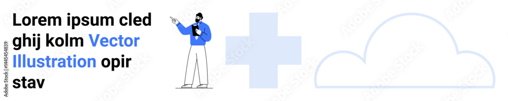 Person in blue presenting with clipboard, plus sign, and cloud icon. Ideal for technology, teamwork, cloud computing, data storage, education, information sharing simple landing page Person in blue presenting with clipboard, plus sign, and cloud icon. Ideal for technology, teamwork, cloud computing, data storage, education, information sharing simple landing page