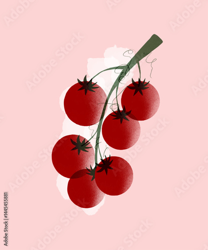 Hand Drawn Branch Of Cherry Tomatoes On A Pastel Pink Background. Simple Modern Vector Illustation Of Red Tomatos Ideal For Poster, Wall Art, Restaurant Decoration. 