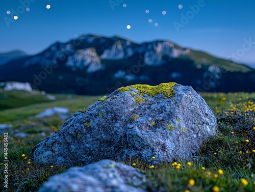mountain landscape with blue sky, lichen on stone, detailed photo of a moss on the rocks, moss in the mountain	

