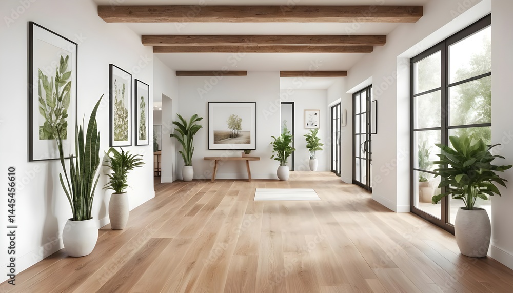 Fototapeta premium Modern Light-Filled Hallway with Wooden Floors and Greenery
