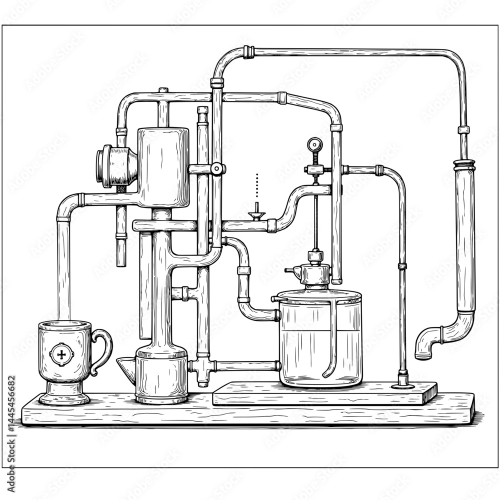 Complex apparatus with pipes and tanks drawing Complex apparatus with pipes and tanks drawing