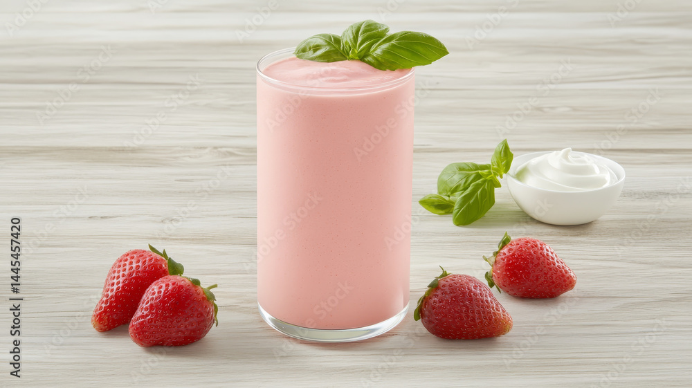 Creamy strawberry smoothie with fresh basil, garnished and refreshing Creamy strawberry smoothie with fresh basil, garnished and refreshing