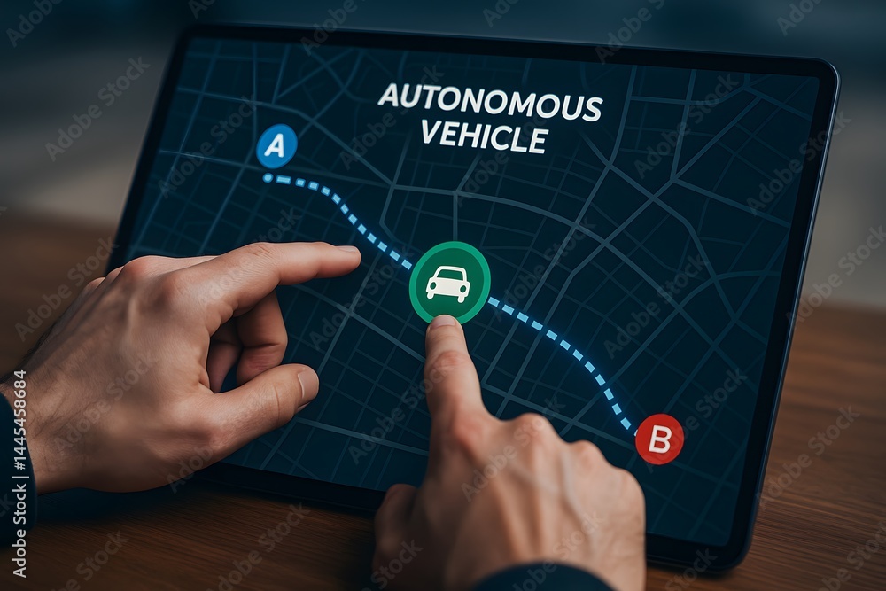 A pair of hands taps a tablet showing an autonomous vehicle route from point A to B on a digital city map. Concept of smart mobility planning and self-driving navigation. A pair of hands taps a tablet showing an autonomous vehicle route from point A to B on a digital city map. Concept of smart mobility planning and self-driving navigation.