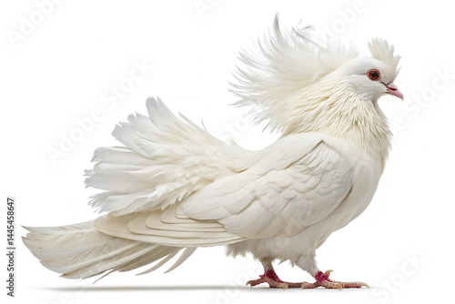 White jacobin pigeon standing isolated on transparent background