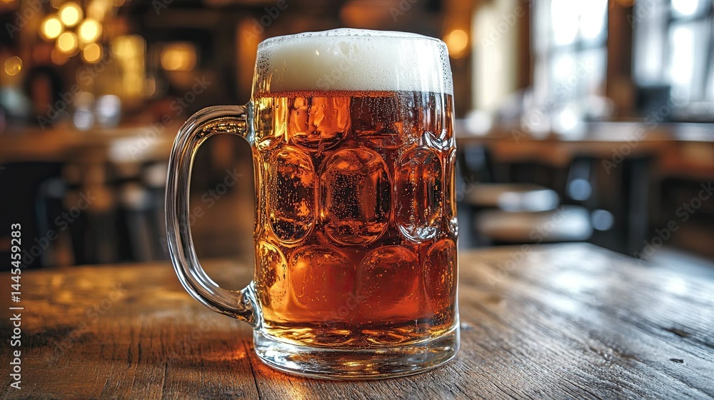 Beer mug with a handle, filled with beer and foam, placed on a wooden surface. Beer mug with a handle, filled with beer and foam, placed on a wooden surface.