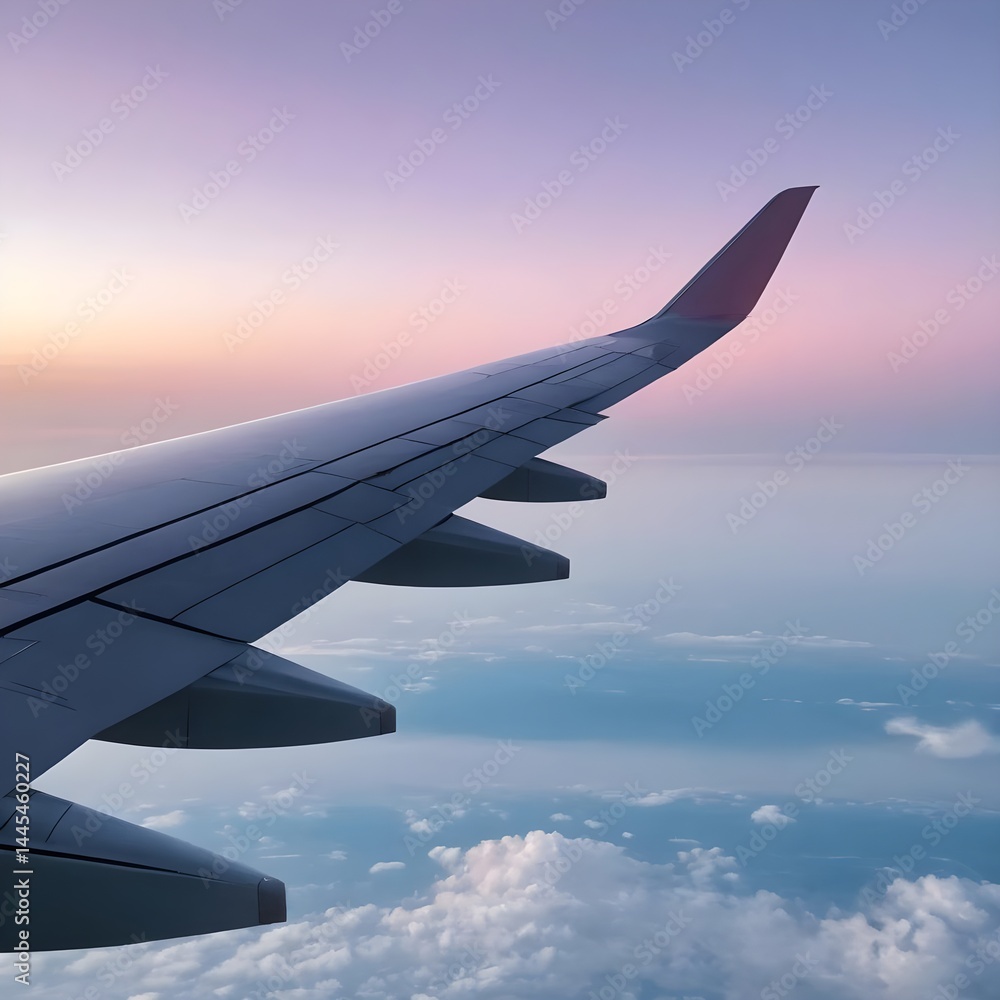 Fototapeta premium Airplane Wing Above the Clouds at Sunset