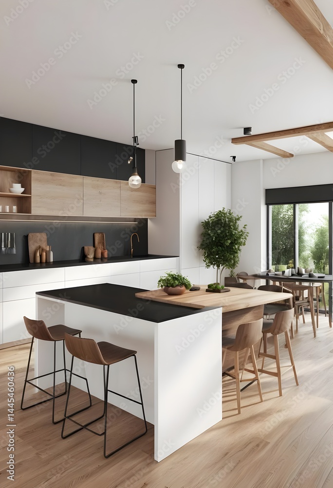 Fototapeta premium Modern Kitchen Interior Design with Island and Wooden Accents