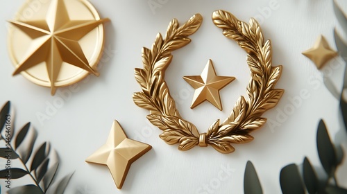 Elite 3D Trophy and Medal Set in Gold Finish on Polished Surface for Victory