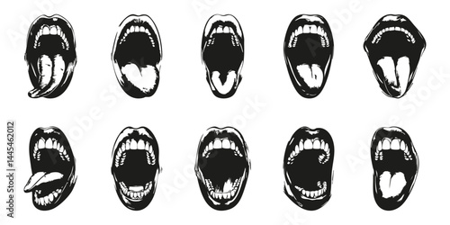 Open Mouth Expressions Silhouette Set. Emotional Communication And Expression Isolated Vector Illustration Collection