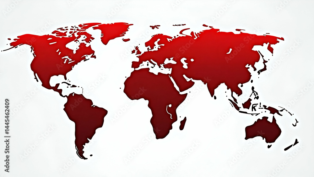 Global Financial Map: Bearish Environment with Red Shaded Regions, Declining Economic Indicators Across Continents, Conceptual Image with Empty Space on Left Side Global Financial Map: Bearish Environment with Red Shaded Regions, Declining Economic Indicators Across Continents, Conceptual Image with Empty Space on Left Side