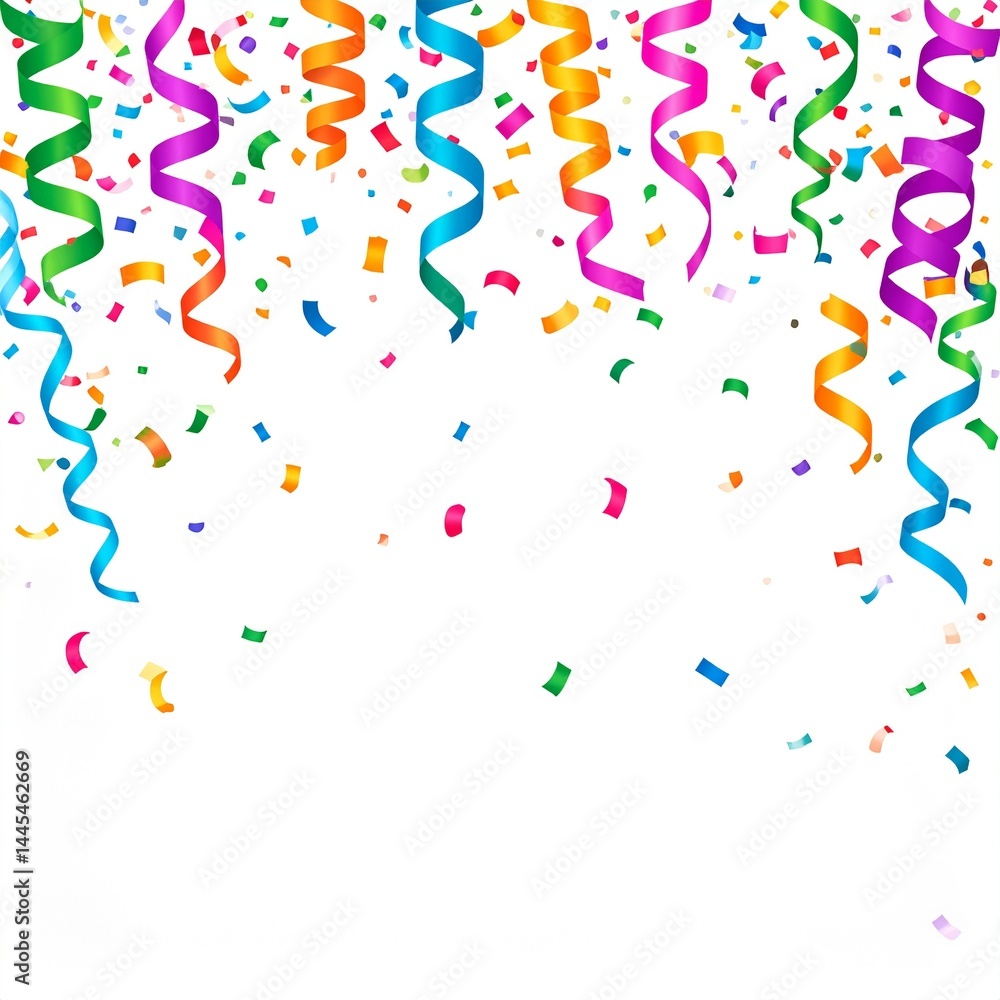 Fototapeta premium Birthday party confetti background, festive ribbons and streamer paper spiral stripes background, graphic resource