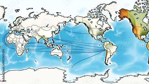Interactive Tsunami Path Map Infographic: Seismic Epicenter, Predicted Wave Trajectories & Coastal Impact Zones with Clear Legend - Photo Stock Concept