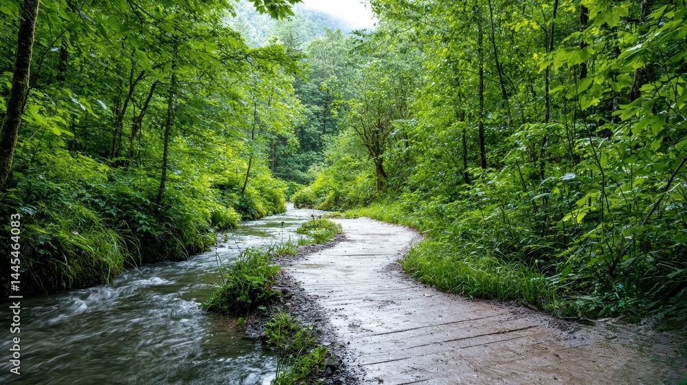 Fototapeta premium Serene landscape of a winding path beside a flowing stream in a lush green forest.