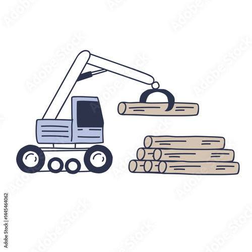 Illustration of a logstacker lifting logs, symbolizing efficiency in timber handling.