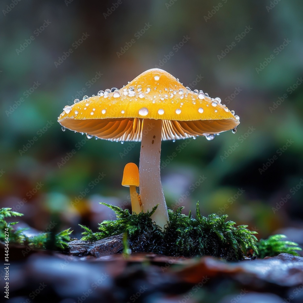 Vibrant yellow mushroom with droplets glistening, set in a lush, green forest environment.