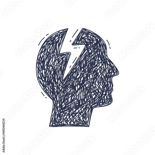 Silhouette of a head with a lightning bolt, symbolizing mental stress or breakthrough.