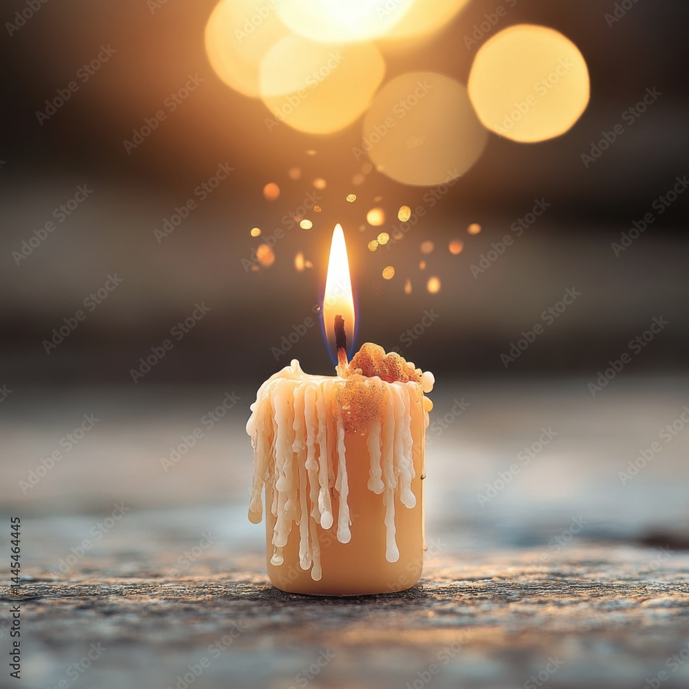 A lit candle with melting wax, surrounded by a soft, glowing bokeh background.