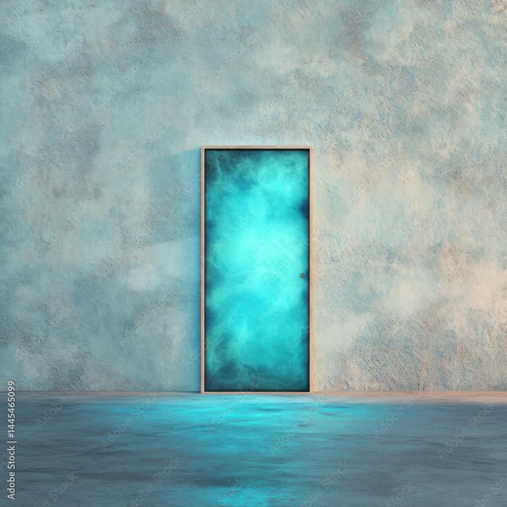 A vibrant blue door against a textured gray wall, creating an intriguing contrast in a minimalist setting.