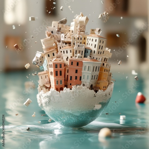 A surreal scene of miniature buildings emerging from a cracked egg in a tranquil water setting.