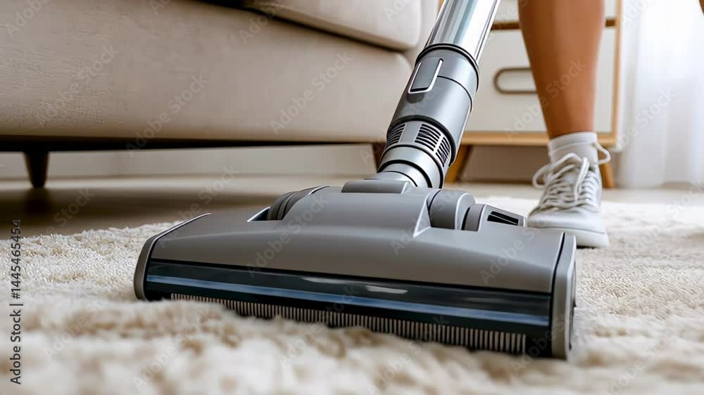 A close-up of a person vacuuming a beige carpet under a sofa, emphasizing cleanliness and household hygiene A close-up of a person vacuuming a beige carpet under a sofa, emphasizing cleanliness and household hygiene