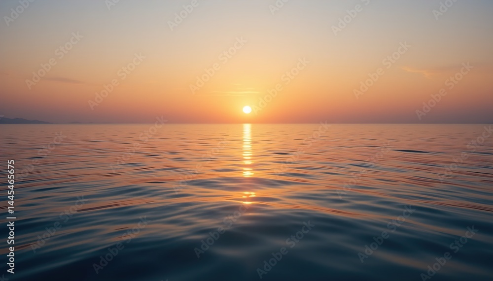 Fototapeta premium A serene sunset over a calm ocean, with the sun low on the horizon casting a golden reflection on the water. The sky transitions from warm orange to soft blue, creating a peaceful atmosphere