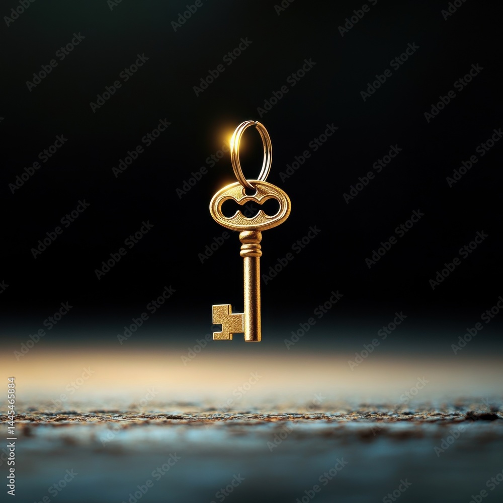 A silver key floating above a dark surface, illuminated by soft light.