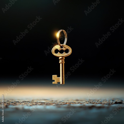 Obraz na płótnie A silver key floating above a dark surface, illuminated by soft light. w salonie