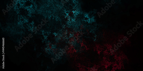 Abstract Celestial Symphony: A dark canvas is enlivened by a dance of turquoise and crimson nebulas, creating a mesmerizing spectacle of cosmic ballet.  Design