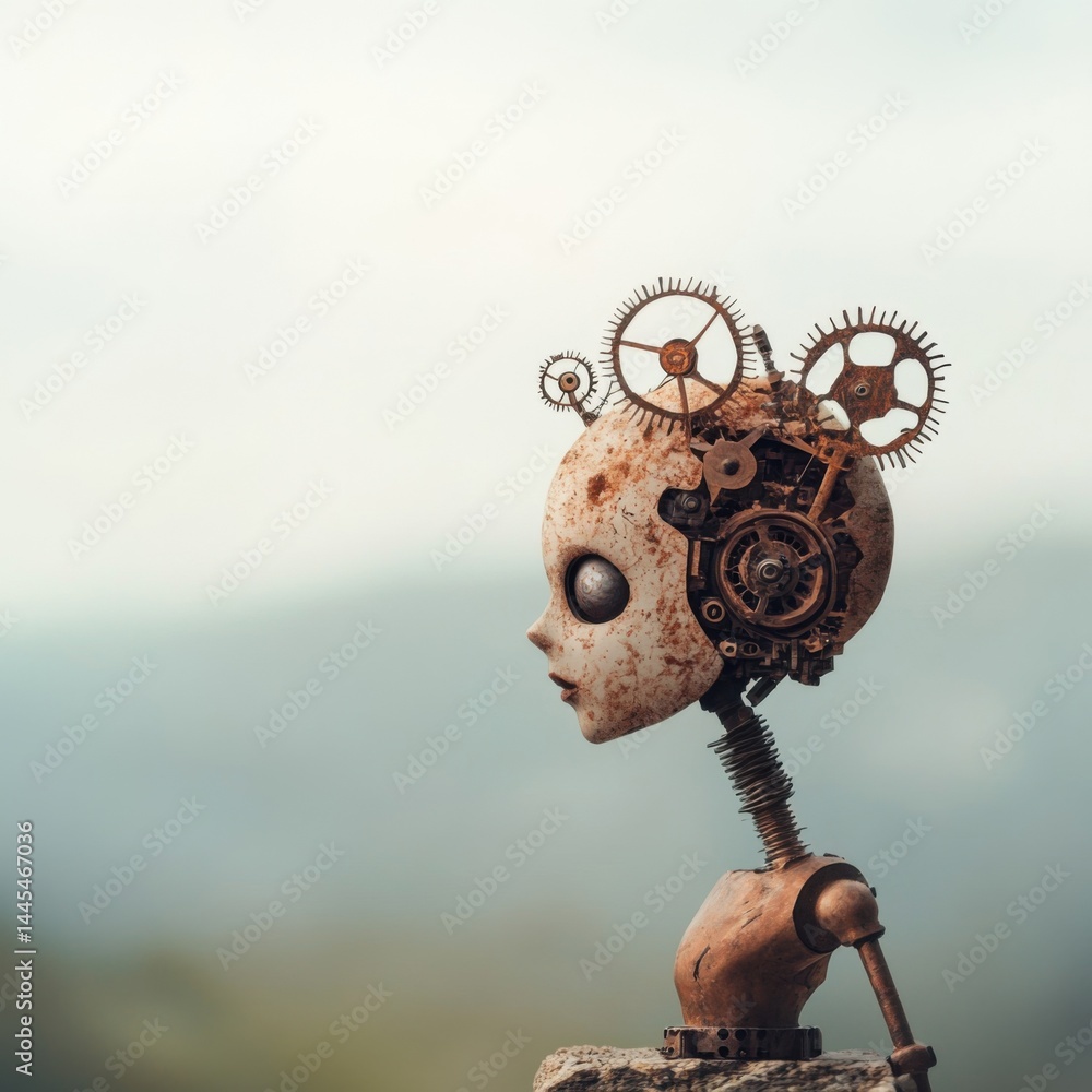 A steampunk-style robot figure with gears and a whimsical design.