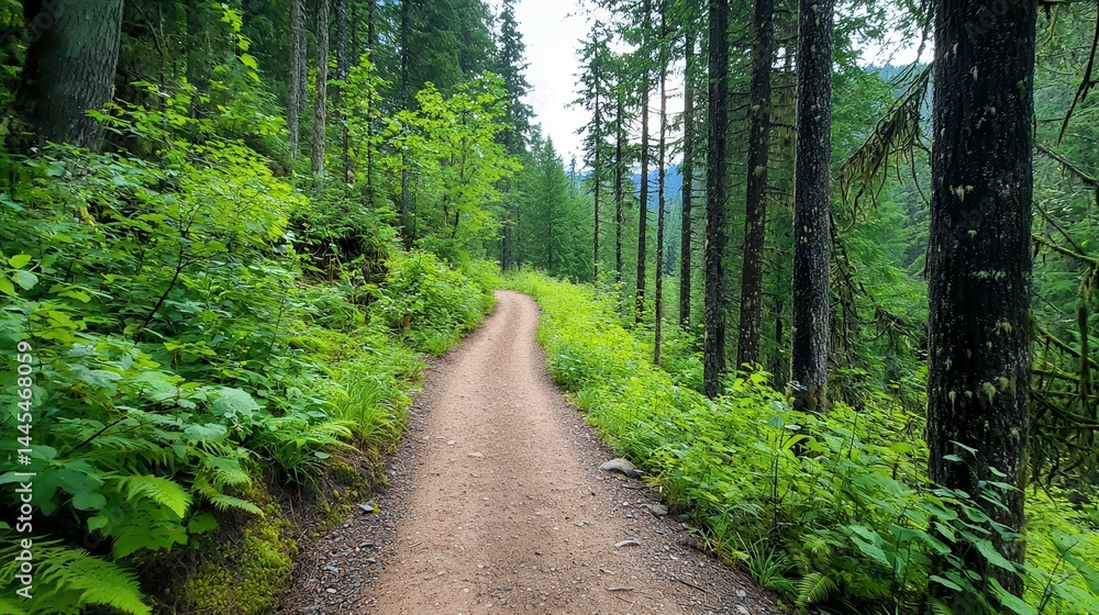 Obraz premium A serene hiking trail winding through a lush green forest.