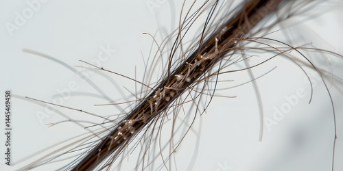 Magnified Hair, Revealing Cuticle Structure. Close-up Image Reveals Minute Imperfections On A Single Human Hair. Hair's Surface Is Zoomed In, Showing Detailed Texture. Hair Health, Beauty And