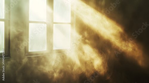 Light breaking into smoky air room golden haze muted