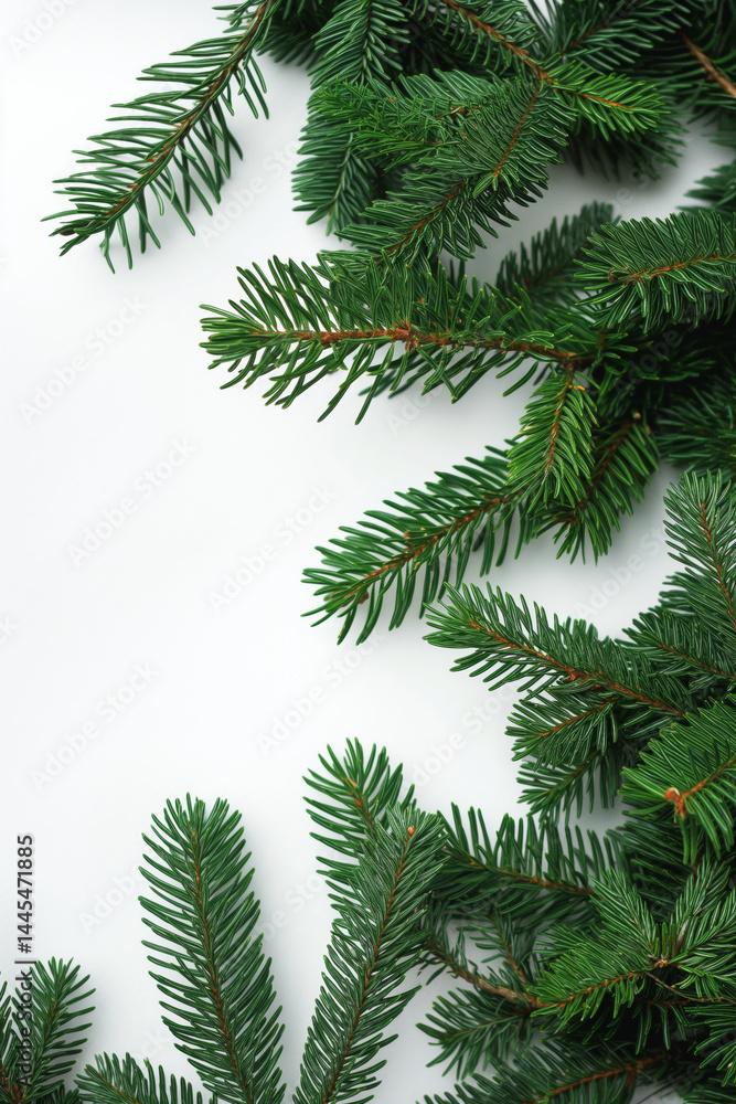 Flat lay of green fir tree branches with copy space, perfect for Christmas or winter holiday-themed designs. Flat lay of green fir tree branches with copy space, perfect for Christmas or winter holiday-themed designs.