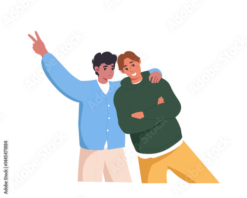 Happy cheerful smiling male best friends embrace, hugging. Boy's friendship, support, happiness, joy concept. Portrait of men characters friends together. Positive community. Flat vector illustration