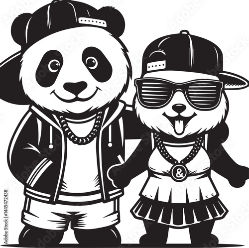 Hip-Hop Pandas Rocking Sunglasses and Cool Styles. Two stylized panda bears, dressed in trendy clothing, sunglasses, and displaying a cool attitude, perfect for a humorous or youth-oriented design pro