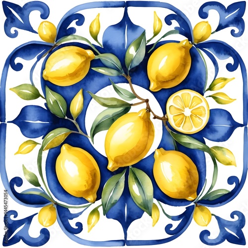 Watercolor Lemons on Blue and White Tile Pattern