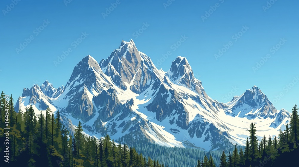 Majestic Snowy Peaks: A Digital Illustration of a Mountain Landscape Majestic Snowy Peaks: A Digital Illustration of a Mountain Landscape
