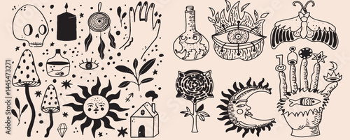 Hand-drawn vintage mystical and magic symbols illustration