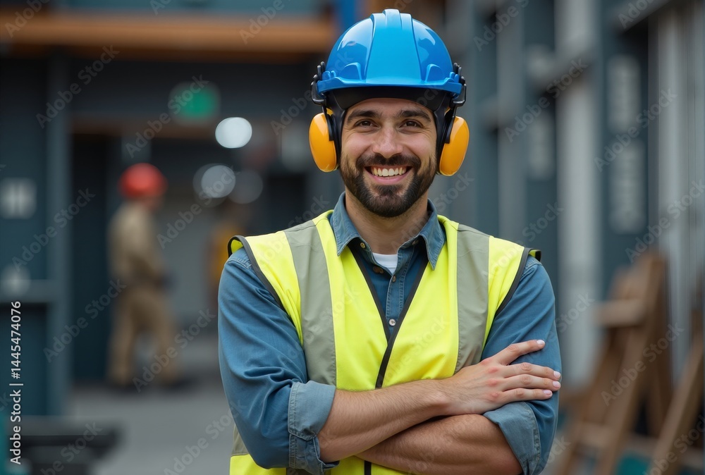 Fototapeta premium Construction-Worker-Blue-Helmet-Safety-First-Smiling-Confident
