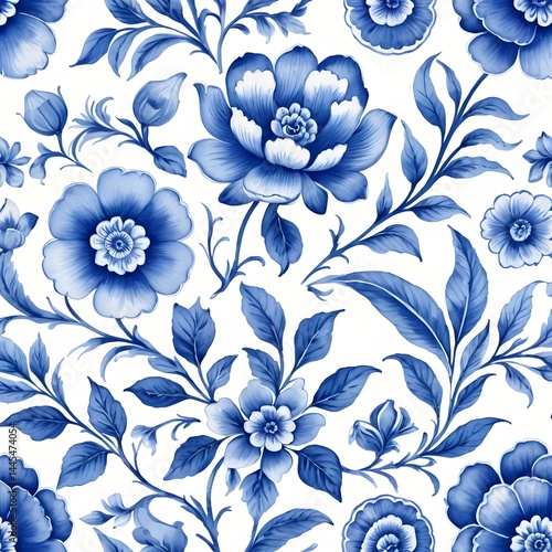 Seamless Blue and White Floral Pattern