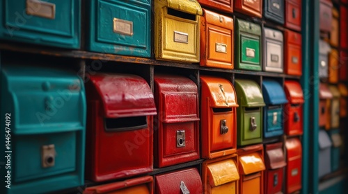 Colorful vintage mailboxes display in vibrant urban setting