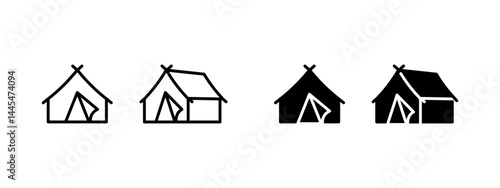 Tent icon. Outdoor camping shelter sign. Tourism, travel, and nature adventure symbol. Hiking or expedition pictogram. Temporary vacation structure illustration.