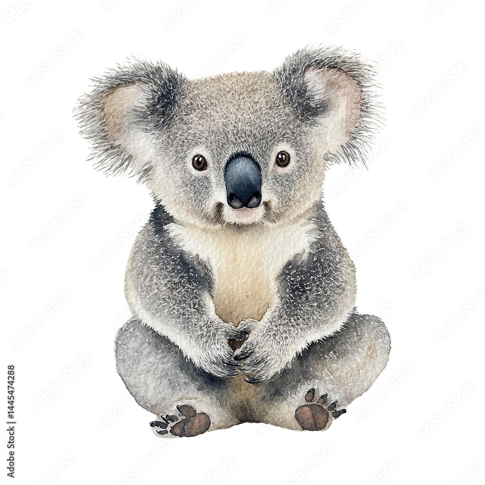 Obraz premium Charming watercolor illustration of a koala bear against a solid black background