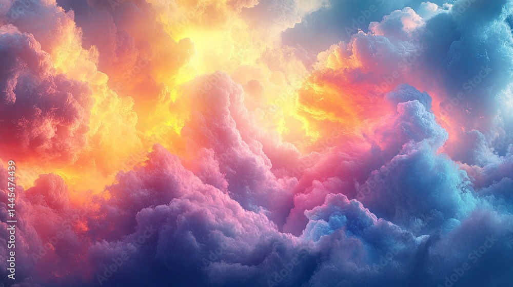 Fototapeta premium A vibrant sky filled with colorful clouds and bright sunlight, radiating warmth and a tranquil atmosphere.