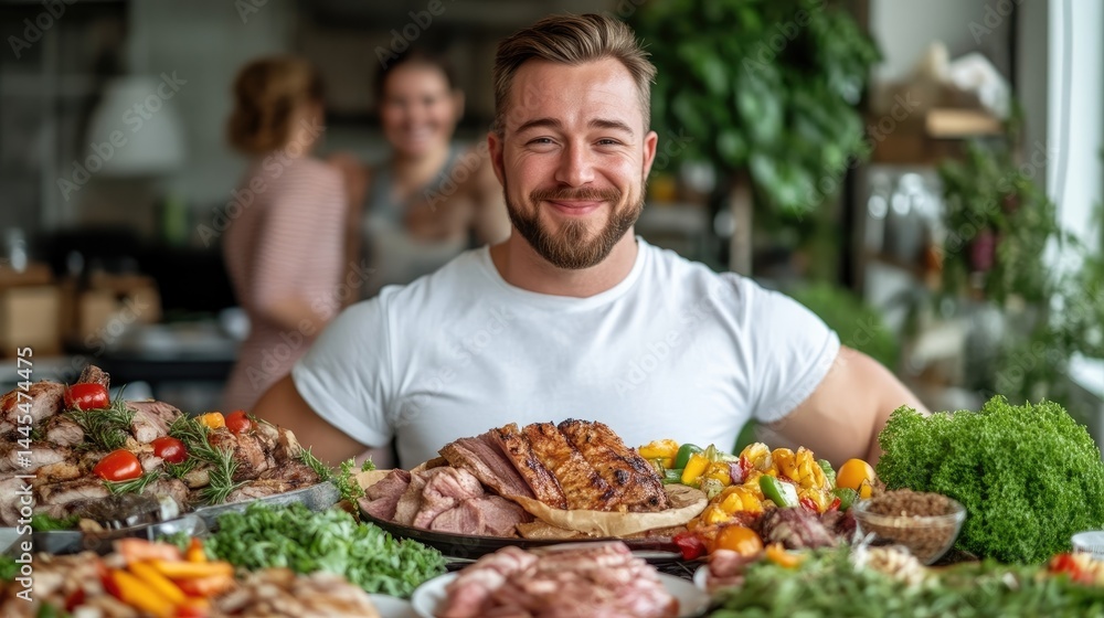 Man smiling, holding various meats and vegetables on platters Man smiling, holding various meats and vegetables on platters