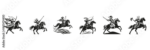 Medieval Warriors On Horseback Silhouette Set. Historical Combat And Cavalry Illustration Collection