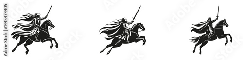 Knight On Horseback With Sword Silhouette Set. Medieval Valor And Chivalry. Isolated Vector Illustration Collection