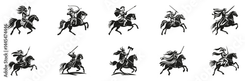 Medieval Warriors On Horseback Silhouette Set. Historical Combat And Chivalry Themes Isolated Vector Illustration Collection