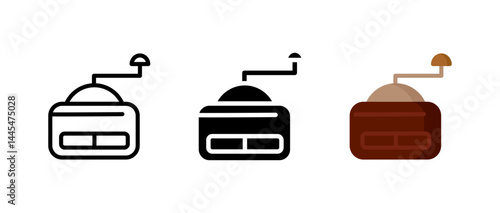 Coffee grinder icon. Manual vintage mill with handle sign. Tool for grinding roasted beans symbol. Classic barista appliance pictogram. Retro cafe brewing illustration.